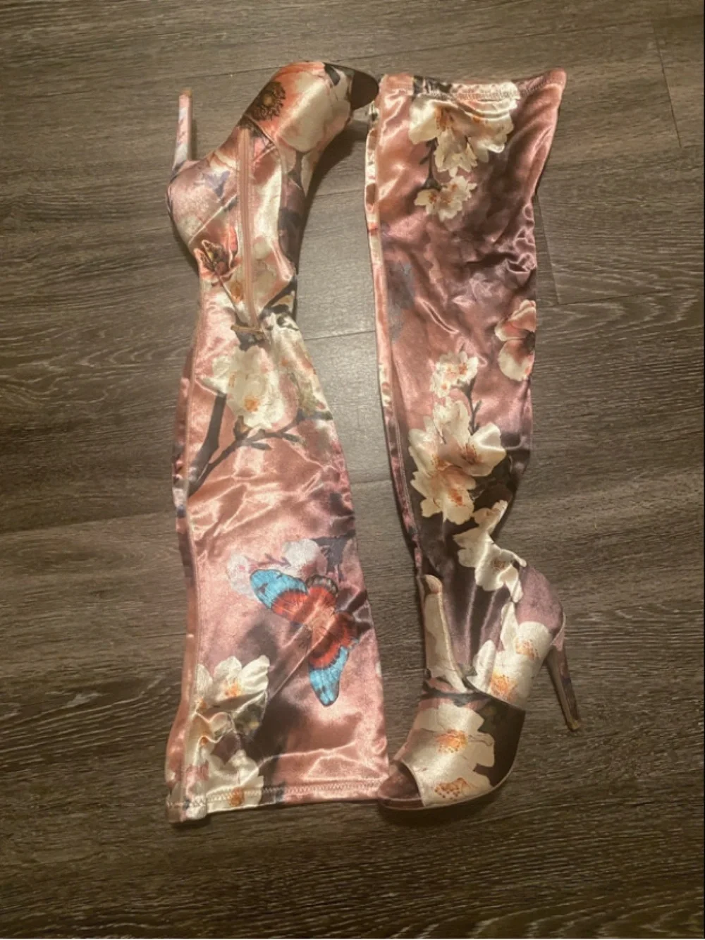 Floral & Butterfly Pink/Mauve Satin Over-The-Knee Peep Toe Boots
